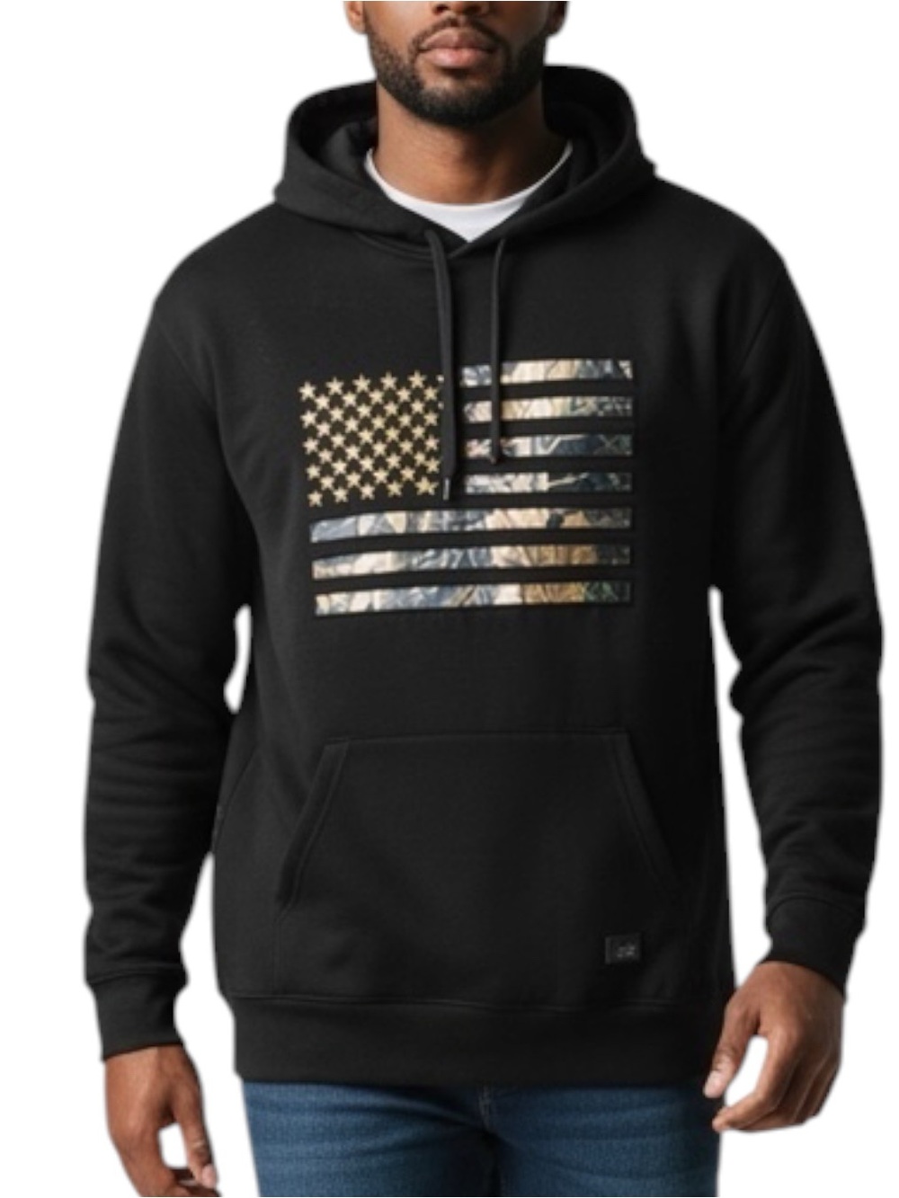 BUFFALO OUTDOORS Black Hooded Sweatshirt with Camo American Flag Size 2X